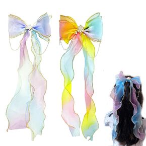 قطعتان من فيونكات الشعر بشريط قوس قزح، فيونكة مضفرة مع مشابك، عقدة لامعة ملونة مع طويلة للنساء والفتيات وحفلات أعياد الميلاد (لون متدرج) in Kuwait