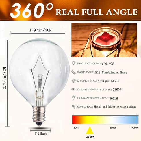 Wax Warmer Bulbs,40W Light Bulbs for Candle Lamp Wax Melter, E12 Candelabra Base Round Light Bulb for Chandelier,Table Lamp, Wall Sconces,G50/120V,6Pack in Saudi Arabia