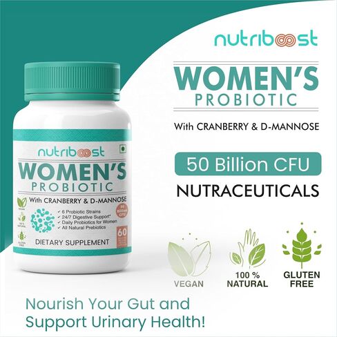 Women's Cranberry & D-Mannose Non-GMO and Gluten Free Capsules - 50 Billion CFU - 6 Probiotic Strains | Easier Digestion/Stronger Immunity/Fuller Nutrition, Organic & Natural (60 Servings) in Saudi Arabia