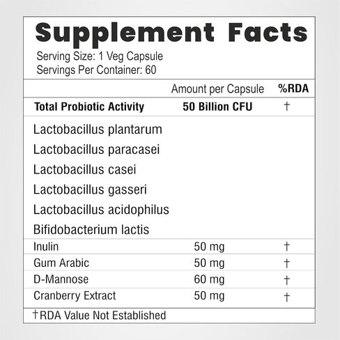 Women's Cranberry & D-Mannose Non-GMO and Gluten Free Capsules - 50 Billion CFU - 6 Probiotic Strains | Easier Digestion/Stronger Immunity/Fuller Nutrition, Organic & Natural (60 Servings) in Saudi Arabia