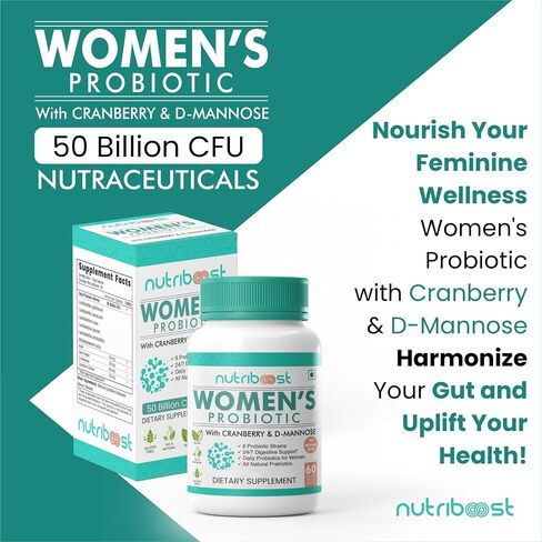 Women's Cranberry & D-Mannose Non-GMO and Gluten Free Capsules - 50 Billion CFU - 6 Probiotic Strains | Easier Digestion/Stronger Immunity/Fuller Nutrition, Organic & Natural (60 Servings) in Saudi Arabia