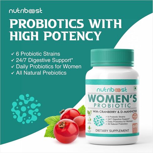 Women's Cranberry & D-Mannose Non-GMO and Gluten Free Capsules - 50 Billion CFU - 6 Probiotic Strains | Easier Digestion/Stronger Immunity/Fuller Nutrition, Organic & Natural (60 Servings) in Saudi Arabia