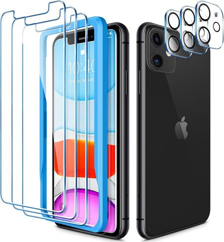 CANSHN 3 Pack Screen Protector for iPhone 11 [6.1 inch] + 3 Pack Tempered Glass Camera Lens Protector with Easy Installation Frame, Anti-Scratch, Case Friendly, 9H Hardness, HD Clear Film [6 Pack] in Saudi Arabia