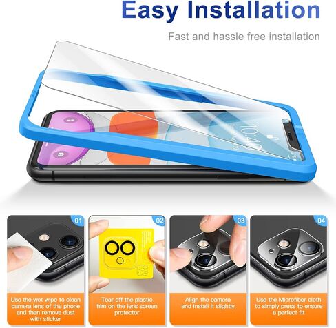 CANSHN 3 Pack Screen Protector for iPhone 11 [6.1 inch] + 3 Pack Tempered Glass Camera Lens Protector with Easy Installation Frame, Anti-Scratch, Case Friendly, 9H Hardness, HD Clear Film [6 Pack] in Saudi Arabia
