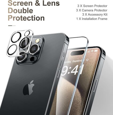 CANSHN 3 Pack Screen Protector for iPhone 11 [6.1 inch] + 3 Pack Tempered Glass Camera Lens Protector with Easy Installation Frame, Anti-Scratch, Case Friendly, 9H Hardness, HD Clear Film [6 Pack] in Kuwait