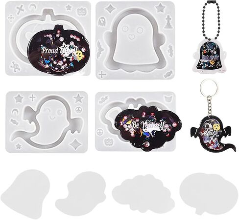 Voyyphixa 4 PCS Halloween Quicksand Silicone Mold with Seal Film Pumpkin Bat Ghost Resin Molds Horror Ornament Epoxy Casting Molds for Keyring Pendants Jewelry Making (Halloween Mold B) in Kuwait