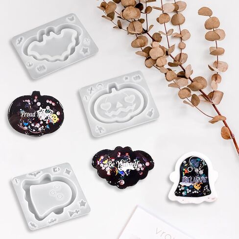 Voyyphixa 4 PCS Halloween Quicksand Silicone Mold with Seal Film Pumpkin Bat Ghost Resin Molds Horror Ornament Epoxy Casting Molds for Keyring Pendants Jewelry Making (Halloween Mold B) in Kuwait