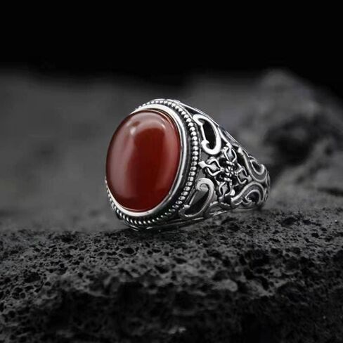 925 Sterling Silver Vintage Oval Shape Emerald Green Agate Open Ring for Men Adjustable Luxury Natural Red Agate Gemstone Ring Turkish Handmade Engrave Band Jewelry Gift for Women in Saudi Arabia