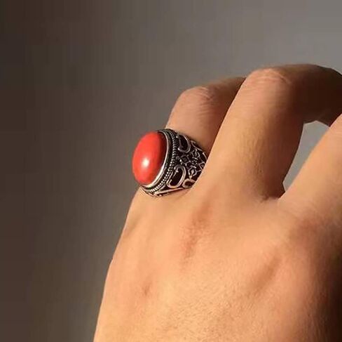 925 Sterling Silver Vintage Oval Shape Emerald Green Agate Open Ring for Men Adjustable Luxury Natural Red Agate Gemstone Ring Turkish Handmade Engrave Band Jewelry Gift for Women in Saudi Arabia