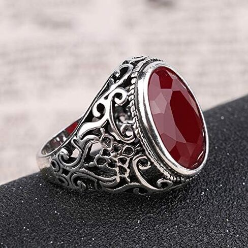 925 Sterling Silver Vintage Oval Shape Emerald Green Agate Open Ring for Men Adjustable Luxury Natural Red Agate Gemstone Ring Turkish Handmade Engrave Band Jewelry Gift for Women in Saudi Arabia