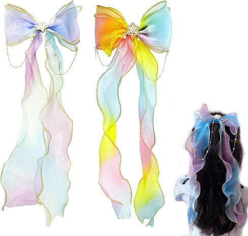 قطعتان من فيونكات الشعر بشريط قوس قزح، فيونكة مضفرة مع مشابك، عقدة لامعة ملونة مع طويلة للنساء والفتيات وحفلات أعياد الميلاد (لون متدرج) in Kuwait