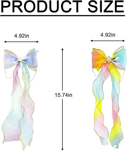 قطعتان من فيونكات الشعر بشريط قوس قزح، فيونكة مضفرة مع مشابك، عقدة لامعة ملونة مع طويلة للنساء والفتيات وحفلات أعياد الميلاد (لون متدرج) in Kuwait