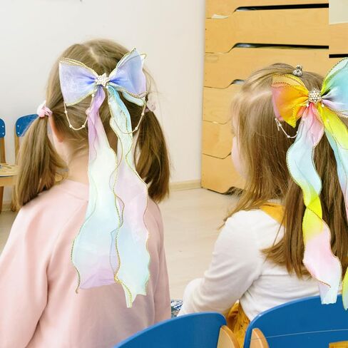 قطعتان من فيونكات الشعر بشريط قوس قزح، فيونكة مضفرة مع مشابك، عقدة لامعة ملونة مع طويلة للنساء والفتيات وحفلات أعياد الميلاد (لون متدرج) in Kuwait