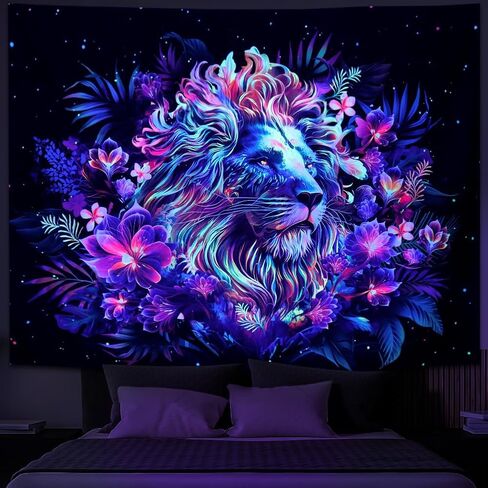 Galoker Blacklight Lion نسيج تريبي زهرة نسيج الأشعة فوق البنفسجية رد الفعل النيون نبات الأزهار الجدار نسيج غالاكسي الفضاء نسيج الجدار شنقا لديكور المنزل (H59.1 × W78.7 بوصة) in Kuwait