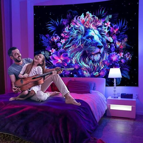 Galoker Blacklight Lion نسيج تريبي زهرة نسيج الأشعة فوق البنفسجية رد الفعل النيون نبات الأزهار الجدار نسيج غالاكسي الفضاء نسيج الجدار شنقا لديكور المنزل (H59.1 × W78.7 بوصة) in Kuwait