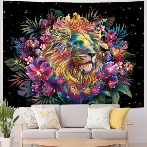 Galoker Blacklight Lion نسيج تريبي زهرة نسيج الأشعة فوق البنفسجية رد الفعل النيون نبات الأزهار الجدار نسيج غالاكسي الفضاء نسيج الجدار شنقا لديكور المنزل (H59.1 × W78.7 بوصة) in Kuwait