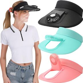 3 Pcs Sun Visor Hat with Fan, Three Temp Settings, Large Area Sun Protection, Adjustable Visor with Fan for Women