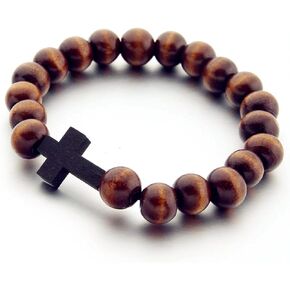 Wooden 10MM Beads Cross Bracelets Boho Handmade Natural Wood Religious Catholic Lightweight Stretch Bracelets for Men Women Boys Girls Ethnic Style Christian Faith Prayer Fashion Jewelry Gifts