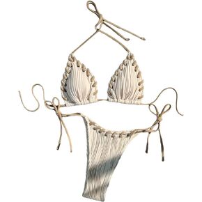 Women's High Waisted Bathing Suit Shell Decor Tie Back Swimsuit Bikini Set 2 Piece