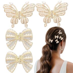 4 PCS Butterfly Hair Claw Clips Pearl Rhinestone Sweet Mini Hair Clips Metal Non Slip Strong Hold Hair Jaw Clips Bride Wedding Fancy Hair Barrettes for Thick Long Women Girls Hair Accessories Gifts