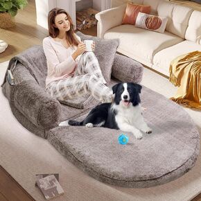 2 in 1 Foldable Human Dog Bed,72"x48"x11" Extra Large Orthopedic Memory Foam Human Dog Bed for People Adults and Pets,Ultimate Comfort Washable Fur and Blanket Adult Dog Bed,Brown