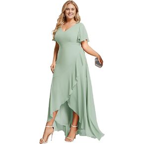 Ever-Pretty Women's Summer V Neck High Low Chiffon Plus Size Curvy Semi Formal Wedding Guest Dresses with Sleeves 1749-DAPH