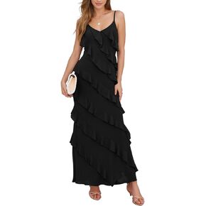 Evening Dress for Women-Summer Chiffon Long Spaghetti Strap Ruffle Maxi Formal Dresses for Cocktail