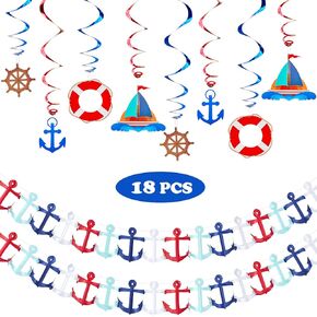 WILLBOND 18 Pieces Nautical Party Decorations Nautical Birthday Supplies Party Garland Hanging Banner for Birthday Baby Shower
