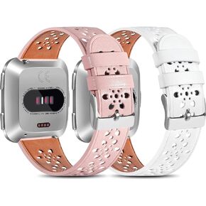 Leather Band Compatible with Fitbit Versa 2 Bands/Fitbit Versa Band/Fitbit Versa SE/Versa Lite Fitness Smart Watch Wristbands for Women Men, Hollow-Out Lace Design Soft Leather Replacement Strap