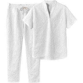Men's 2 Piece Outfits Letter Short Sleeve V Neck Shirts Tops and Drawstring Waist Sweatpants Tracksuit