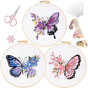 LB Christmas Embroidery Kit for Beginners Adults, 3 Sets Hand Embroidery Starter Kit with Wreath Pattern and Instructions Stamped Cross Stitch Kits Include Embroidery Hoop Needles Threads Scissors