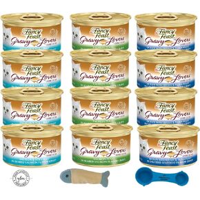 Fancy Feast Gravy Lovers Seafood Variety Pack Bundle/Salmon Feast, Salmon & Sole Feast, Ocean Whitefish & Tuna Feast / 4 Cans of Each - 12 Total/Includes Cat Nip Fish & YLM Measuring Spoon