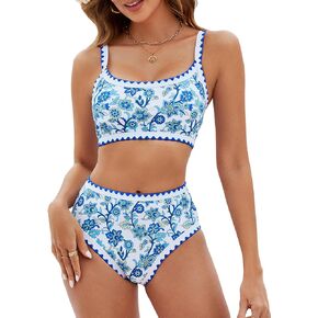 MELYUM High Waisted Bikini Sets for Women 2 Piece Tummy Control Swimsuit Floral Full Coverage Bathing Suit Teens Girls