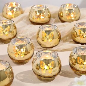 Green Votive Candle Holders Set, 12 PCS Tea Lights Candle Holder Decorative Bulk with Butterfly Pattern, Candle Holders for Wedding, Engagement, Dinner Party Table Decor, Vintage Home Decor