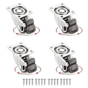 Small Caster Wheels 1 Inch Low Profile Swivel Casters with Brakes, Steel Top Plate, No Noise Ball Bearing Rubber Rolling Mini Wheels for Furniture Cabinet & Carts 4 Pack