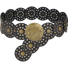 Wide Disc Belt for Women Leather Hollow Out Round Belt Boho Western Waist Belt