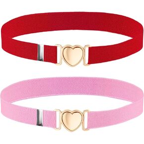 2 PCS Girls Belt, Womens Elastic Belt, Little Girl Belts, Metal Adjustable Belts Love Heart Kids Stretch Belt Elastic Heart Shape Girl Belt for Valentine's Day, Party, Birthday (Red,Pink)
