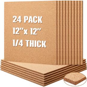 24 Pcs Cork Board Tiles 12"x12" 1/4" Thick Cork Tiles Square Bulletin Boards Cork Sheets with Self Adhesive Backing Brown Corkboards with 120 Self Adhesive for School Office Home Wall DIY Supplies