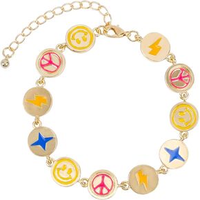Smiley Bracelet for Men Groovy Boho Hippie Bracelet Happy Smile Face Preepy Stuff Friendship Bracelet Hiphop Charm Gold Plated Bohemian Smiley Face Peace Sign Bracelet for Boys Groovy Jewelry