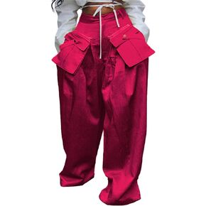Vakkest Women's Casual Satin Cargo Pants Baggy Wide Leg Folds Pants Streetwear High Waist Palazzo Trousers with Flap Pockets