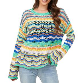 Women Crochet Sweaters Striped Long Sleeve See Through Knit Casual Jumper Hollow Out Pullover Sweaters Y2K Top