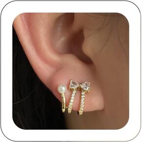 Trendy Claw Earrings Silver Dainty Bow Rhinestone Earrings Shiny CZ Half Hoop Studs Piercing Cartilage Wrap Studs Tiny Chic Pearl Illusion Earrings Jewelry for Teen Girls