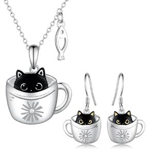 925 Sterling Silver Black Cat Cup Necklace and Earrings,Christmas Jewelry Gift for Women Girls Mom Daughter Wife