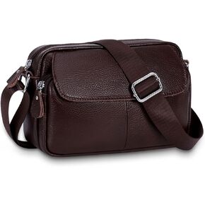 Women's Triple Zip Small Crossbody Bag with Wide Strap Camera Purse Genuine Leather Handbags Shoulder Satchel