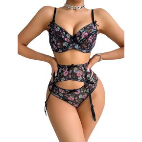Women's Floral Print Bow Front Underwire Bra and Mid Rise Thong Set 2 Piece Sexy Lingerie Set in Saudi Arabia
