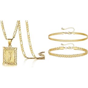 KissYan Square Initial Letter J Pendant Necklace with Gold Ankle Bracelets