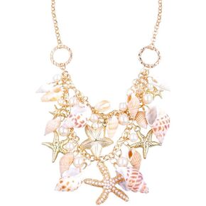 Bohemian Shell Drop Dangle Choker Necklace Large Star Starfish Conch Pearl Chunky Statement Necklace Boho Summer Beach Wedding Seaside Vacation Accessories for Women Girl