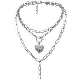 AILUOR Cool Punk Chunky Chain Statement Necklace for Women Girls Heart Shaped Photo Locket Pendant Layered Choker Necklace Jewelry