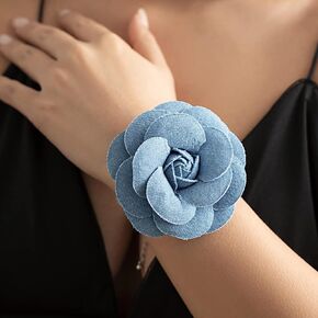 Vintage Blue Denim Flower Choker Necklace Floral Bracelet Artificial Flower Collar Necklace Wrist Band Elegant Women's Accessories (5.5 inch)