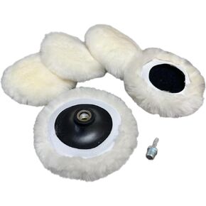 Lambswool Polishing Pads Sheepskin Buffing Pads with Elastic Band. 7PC Set Includes 5 Lambswool Cutting Pads with Hook and Loop Backing, 1 Backing Plate and 1 Drill Attachment - Wool Buffs (4 Inch)
